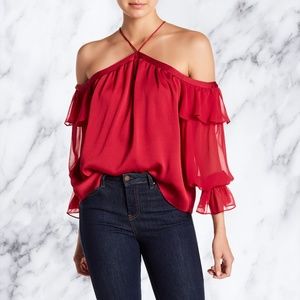 🍷 Wine Red Cold Shoulder Ruffled Blouse